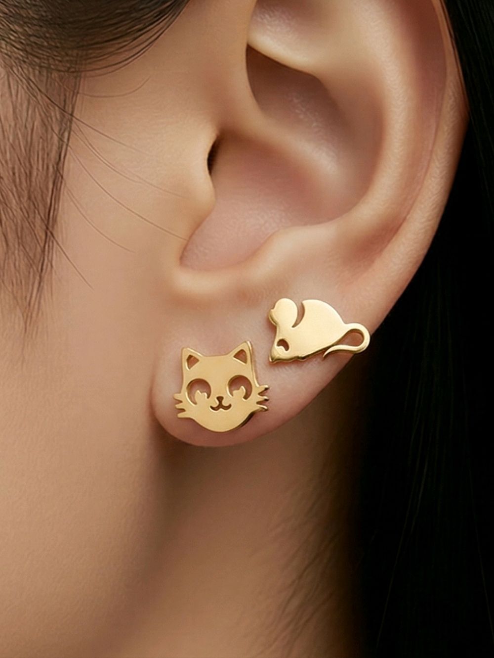 Gold Cat Mouse Stud Earrings Mismatched Dainty Stainless Steel Cute Playful Chic